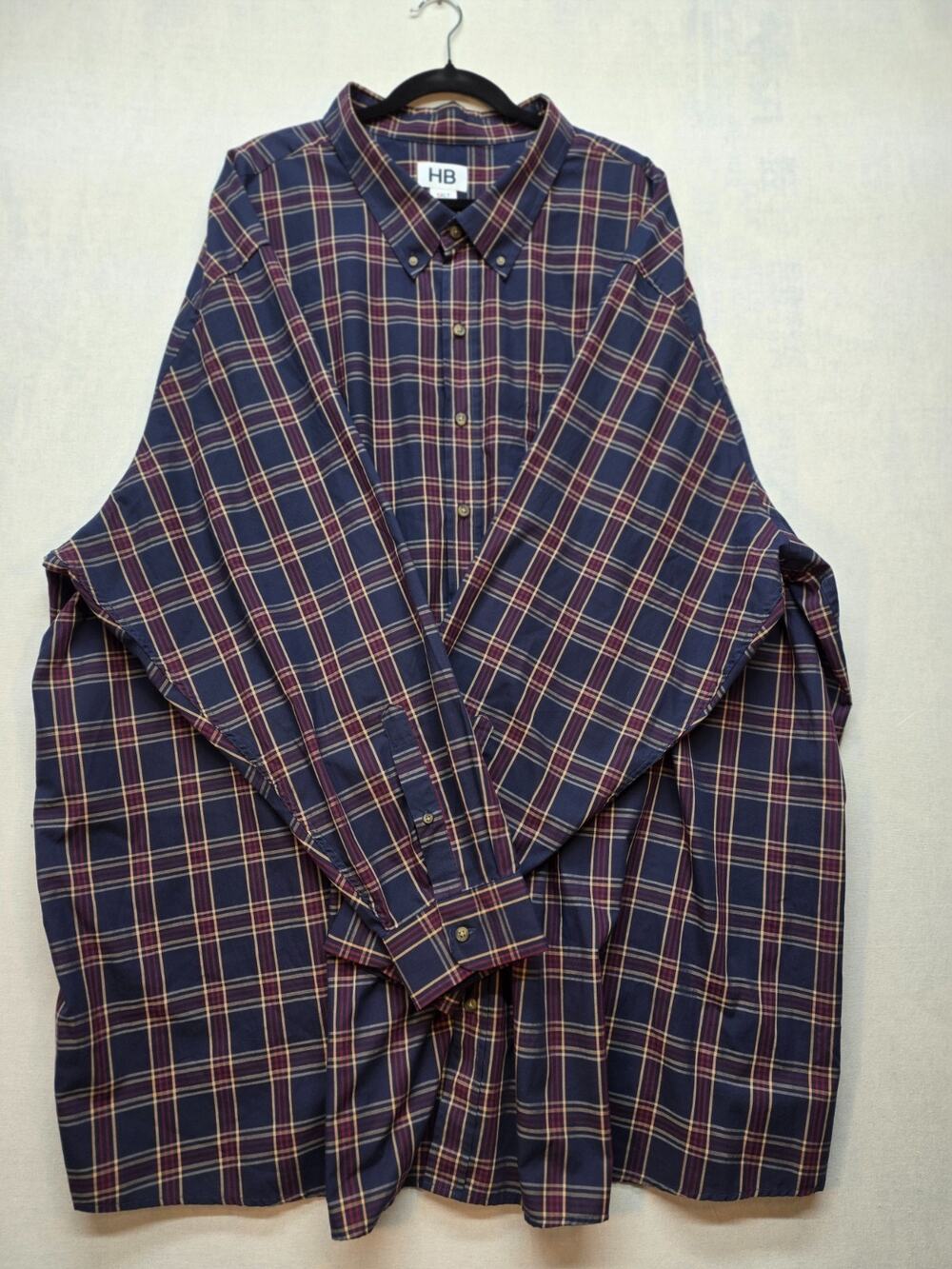 HB Men's 5XLT Plaid Button Down Extra Long Sleeve Navy Red Yellow Shirt EUC